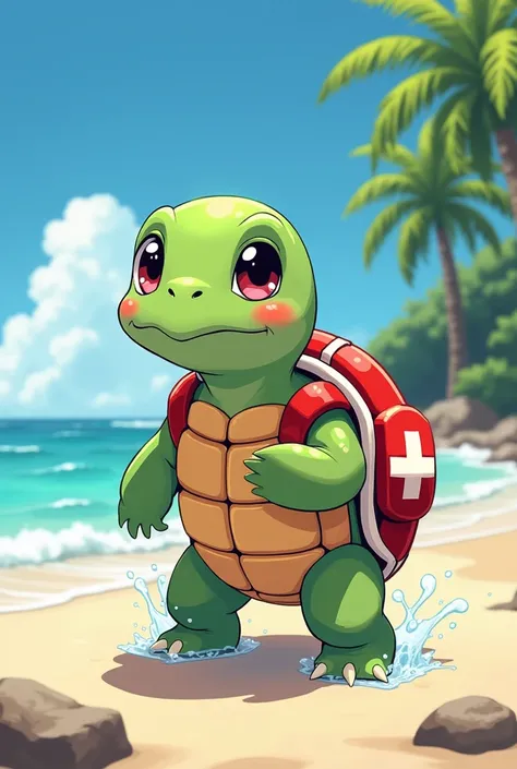 Create a kawaii lifeguard turtle that is from Japan and is animated in an anime way