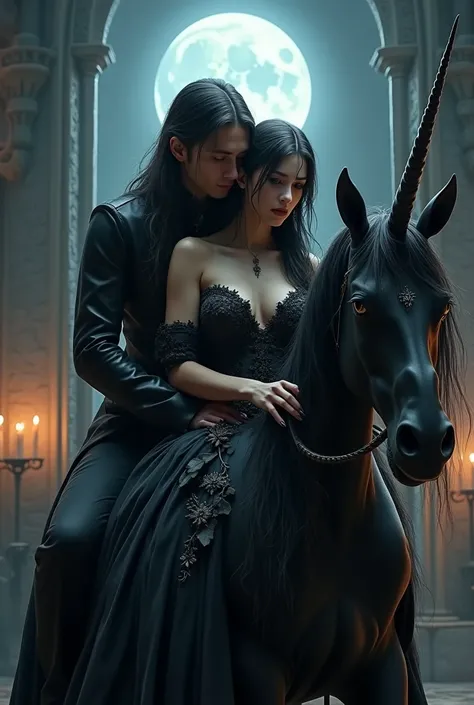 Very beautiful sexy woman, long black hair ,big nails, Beautiful breasts, princess of darkness dress,clear eyes,fullmoon ,castle,candles, homem alto forte cabelos longos negros clear eyes abraçando por traz  com carinho,Much love,on top of a unicorn