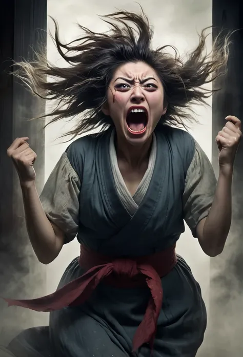 
A hysterical female yokai with wild, disheveled hair, in her 30s, screaming loudly. She has a twisted, contorted expression on her face, with wide, bloodshot eyes. Her mouth is open wide as she shouts, and her hands are clawed, as if she’s about to grab s...