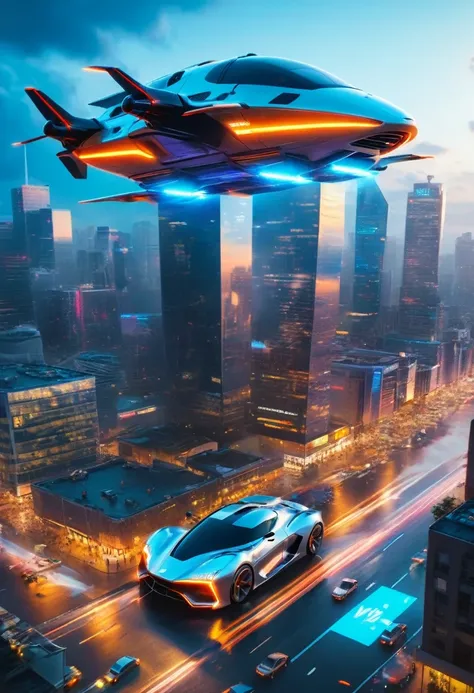 2050s - The Flying Car Concept
"Create a hyperrealistic image of a futuristic flying car from the 2050s, blending elements of both a car and an aircraft. The vehicle hovers above a bustling, neon-lit cityscape, with glowing thrusters and wings extended. Th...