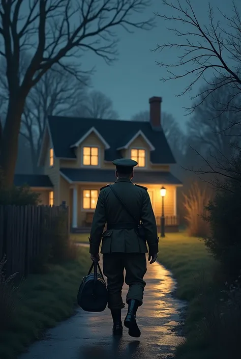 A british soldier in uniform, carrying a duffle bag, walking towards a cozy, warmly lit house at night. The scene is peaceful, with a gentle glow from the windows, suggesting a loving home