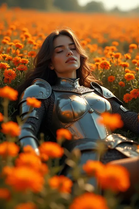 Here is a prompt for the image:

"A scene depicting a woman lying in a field of vibrant orange flowers, wearing shiny, ornate medieval armor. The woman has long, flowing hair.