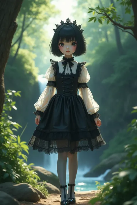 Full body portrait,Walking, Diagonal front view、Realistic photos、Exquisite、high resolution、Lace floral pattern black and white gothic lolita, Sheer goth、Hair is short bob, Straight Hair、Black Hair, round face、Big eyes、Drooping eyes、Cute Girls,In the forest...