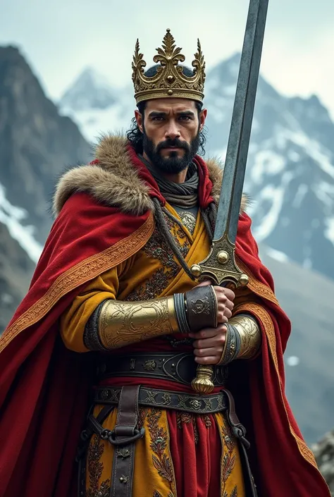 (photorealism:1.2), beautiful mountain king,
Full king red, yellow cloth , full face in crown, sword in hand and , age 25