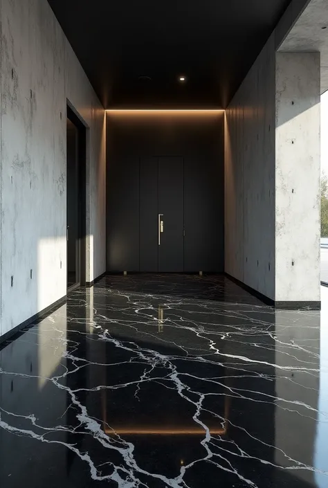 Marble-shaped resin floor color black with cement walls