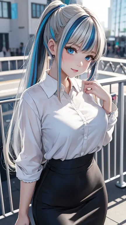 looking down,claw pose,Ferris wheel,
master piece,highres,4k.8k,Lifelike:1.5,Close-to-reality1.3,
Greige hair, ((highlights hair, Blue streaked hair:1.0)),braided bangs,high ponytail,
turquoise blue eyes,
glamorous,
eighteen years old,
happy,
break,
crop t...