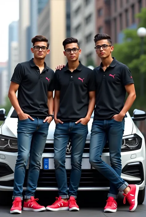 3 young man with straight hair and a hairstyle slicked back, with a light brown skin, wearing black glasses, dressed in a black polo shirt, Dark blue jeans and red Puma tennis shoes are leaning against a white Volkswagen Vento car., with a background of a ...