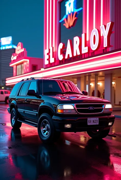 Black Ford Explorer 98 at Monte Carlo Hotel with neon lights
