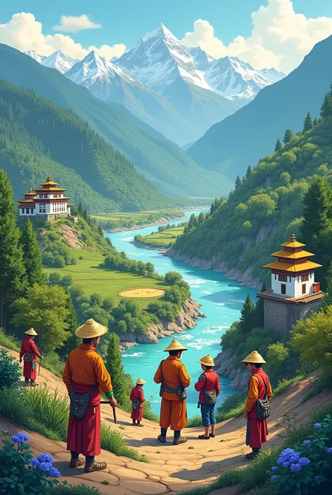 An image of the key economic sectors or companies for the country of Bhutan, representing people working in agriculture, tourism, mining, hydroelectric power