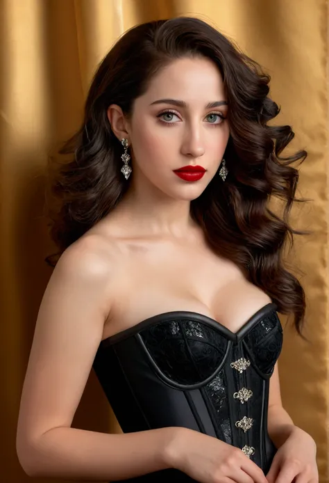 (best quality,4k,8k,highres,masterpiece:1.2),ultra-detailed,(realistic,photorealistic,photo-realistic:1.37), Emily Rudd, beautiful eyes,beautiful lips,detailed face,red lipstick,gorgeous woman, sexy black dress, sexy elegant fashion model, sexy elegant loo...