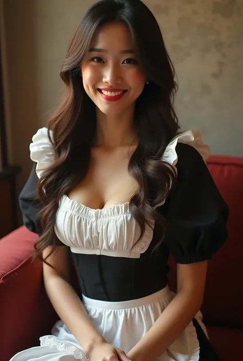 A Chinese woman with a sexy maids uniform (0.8 probability) and long, flowing hair sits confidently with a laugh-filled smile. Fully clothed in a curve-hugging dress, she exudes a sense of sweetness as a Sugar Babe. Captured in ultra-high definition (UHD),...