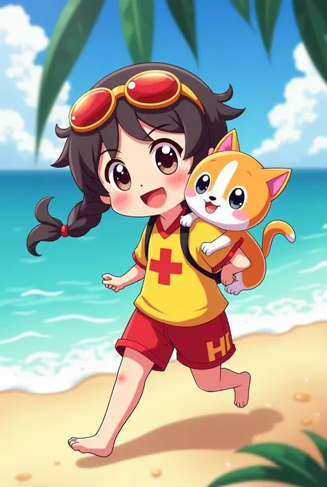 Create a kawaii lifeguard that is carrying an animal on its shoulder as if it were rescuing it and is animated in an anime way.