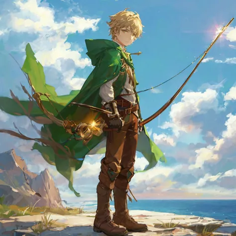 1 boy 15 yo, 1 floating in the air with rod in his left hand (rod detail : golden C shape, wooden handle), brown leather boots, green traveler wearing, lean body, short light blonde golden hair, bright golden eyes , fantasy theme, half body, sky and sea ba...