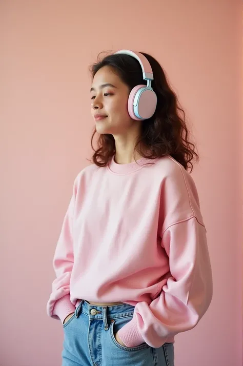  in a pink sweatshirt with jeans and pink and blue headphones playing