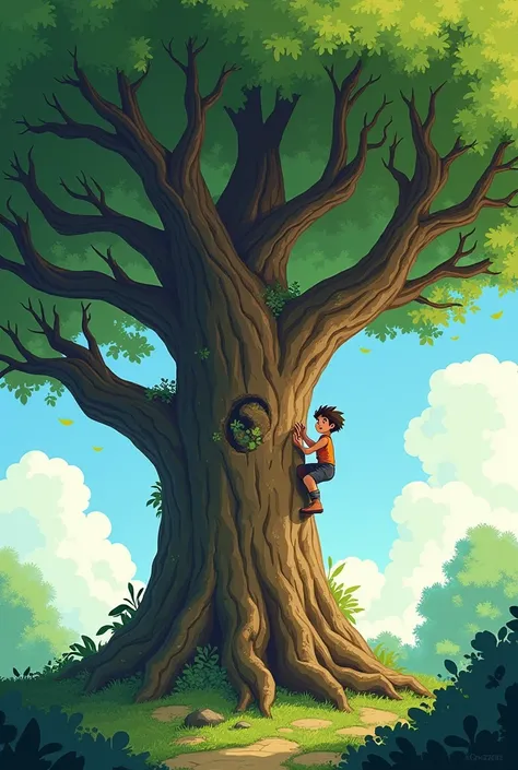 Please generate an image as a game token that reflects the following: The boy is climbing a tall tree.
