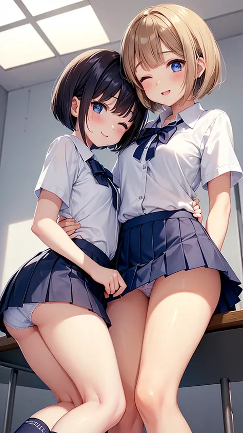 Two high school girls hugging each other in a classroom. One Girl(Eyes closed,smile,Brown Hair,(Twin tails),Mole under eye,Small breasts,Petite,Wearing a white button-down short-sleeve shirt,Pleated mini skirt,Navy blue socks,Lace panties),BREAK,Another gi...