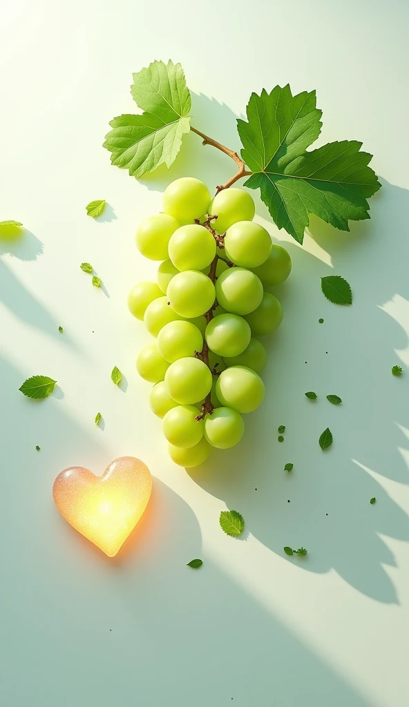 A cluster of green grapes,glowing heart symbol,fitness icon,health and wellness,clean white background,(best quality,4k,8k,highres,masterpiece:1.2),ultra-detailed,(realistic,photorealistic,photo-realistic:1.37),HDR,UHD,studio lighting,extremely detailed,pr...