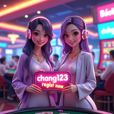 PG SLOT >> [chang123th.featuring] Direct web, upper body, two beautiful Thai women holding a sign "CHANG123 REGIST NOW" Cheerful, Happy, Casino Background, Thai Dress, Real Cartoon Pixar, Broken Chest, Standing Behind Poker Table, White Skin , Best quality...