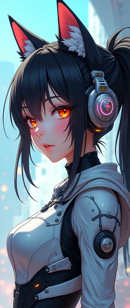 Anime girl in futuristic costume with cat ears and headphones., linda chica cyborg, cyberpunk anime digital art, cyberpunk anime girl mech, female cyberpunk anime girl, cyberpunk anime girl, beautiful cyborg girl, perfect android girl, anime ciberpunk, por...