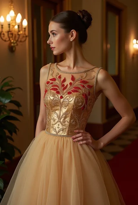 I want a straight neck dress like Audrey Hepburn&#39;s from the 50s but shiny gold with red stone embroidered tulle only on the top and short elegant cocktail dress the same as that image but with red embroidery and a boat neck. Change the top to something...