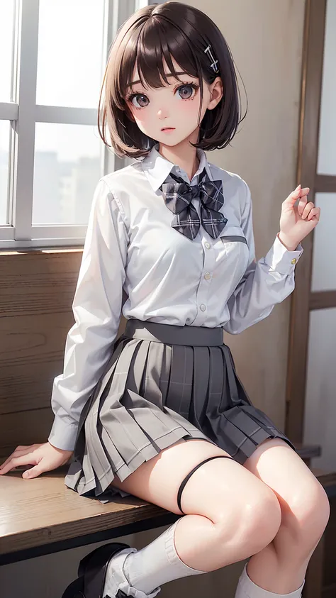 1 girl, Solo, Cute Girl, , Best Quality, Ultra-detailed, 8K, High resolution, Detailed face, dark brown hair, bob hair, (((tareme:1.5, downer))), (((school uniform, white collared shirt, bowtie, pleated skirt, gray skirt, plaid skirt, long skirt, white soc...