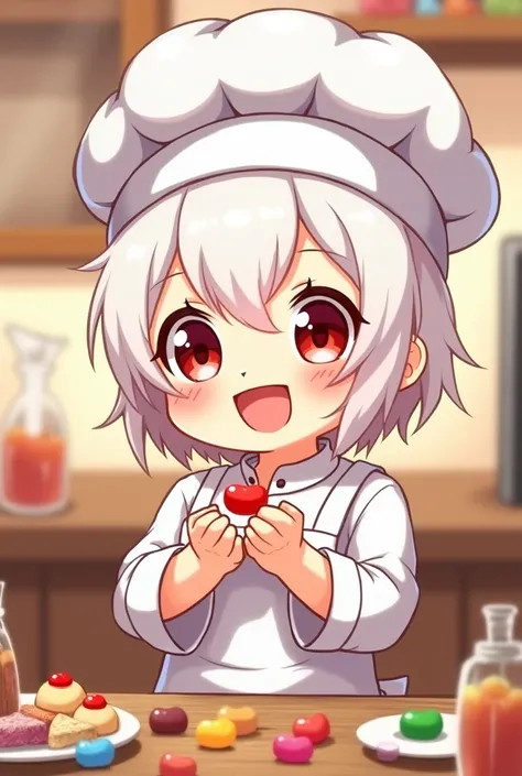 Albino boy chibi anime style with chef clothes eating some jelly beans, greeting
