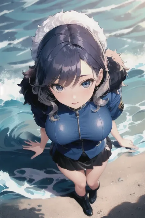 ((Best Quality)), ((masterpiece)), ( Very detailed), ((4k)) 1 girl,((Military suit)),((big breasts,mini skirt, ((For the blue)), ((wavy fur)) ((Whole body)),((view from above))  