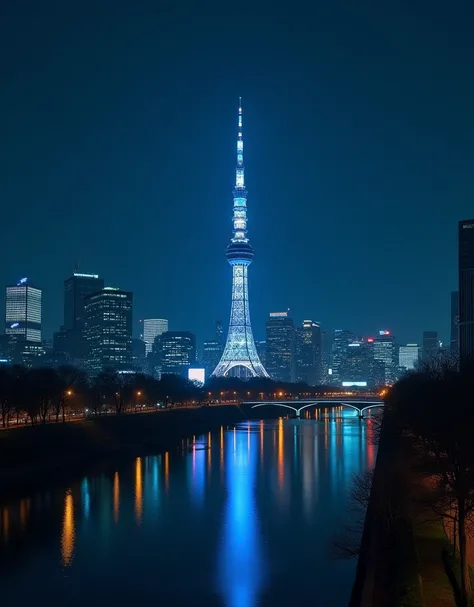 A serene night view of Tokyo Skytree, seen from a rooftop in Asakusa, with the towers soft blue lights reflected in the Sumida River, long exposure photography, detailed, raw photo, photo realistic, 8K