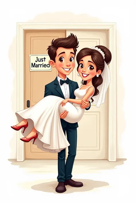 Cartoon drawing of a groom and his bride, the groom carrying the bride  ,    Full view, white background, just married sign on door, looking at camera, colorful vector cartoon 