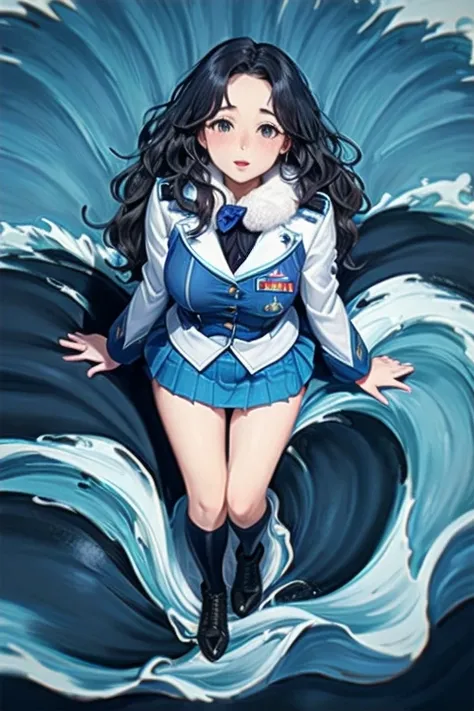 ((Best Quality)), ((masterpiece)), ( Very detailed), ((4k)) 1 girl,((Military suit)),((big breasts,mini skirt, ((For the blue)), ((wavy fur)) ((Whole body)),((view from above))  