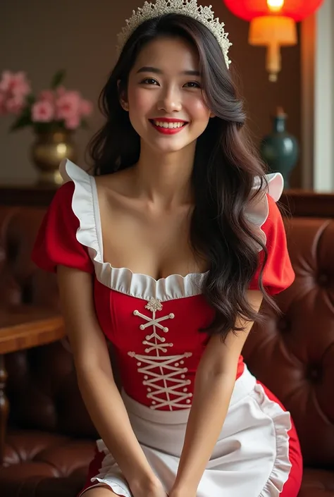 A Chinese woman with a maids uniform (0.8 probability) and long, flowing hair sits confidently with a laugh-filled smile. Fully clothed in a curve-hugging dress, she exudes a sense of sweetness as a Sugar Babe. Captured in ultra-high definition (UHD), the ...