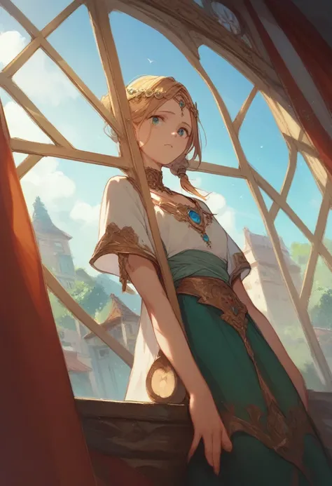 a woman looking out a window. Let the angle be seen from the outside in, anime type