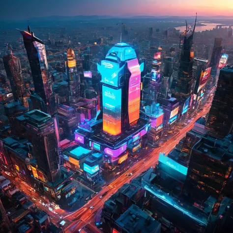 Create a hyperrealistic image of a futuristic city 2050s, blending elements. wiev above a bustling, neon-lit cityscape, with glowing thrusters and wings extended. The city below features advanced architecture with floating platforms and holographic billboa...