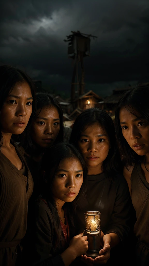 Generate an image of A group of Filipino villagers huddled together in a makeshift shelter, their faces etched with worry, detailed face features, the wind howling outside, dark rain clouds and heavy rain strikes, a flickering lantern casting an eerie glow...