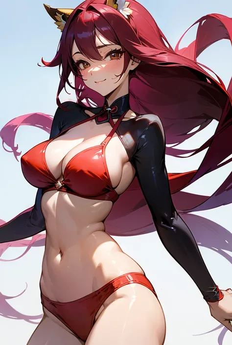 Sexy anime style woman, in a red bikini, breasts big, for the beautiful, de corpo inteiro, beautiful smiling, long, shiny shins, perfect high quality image 1 , 独奏, high resolution, longye hair, breastsout, laughter, gaping mouth, simple background, Masterp...