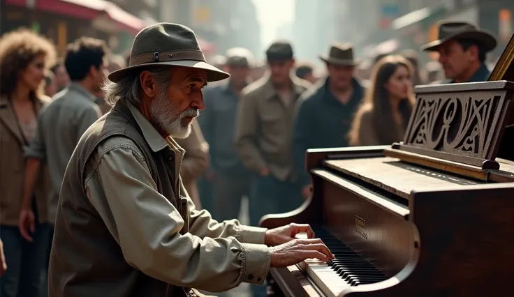 old man playing the piano, unkempt clothes, hat, in the middle of the crowd 