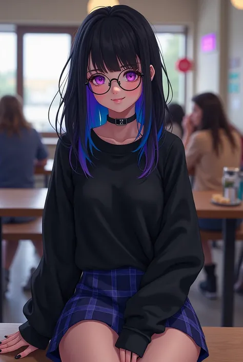 Emo girl with black hair and blue streaks and hipster glasses, looking at the camera with a friendly smile, she is thin and dresses in black and purple colors, her nails are painted black, her sweatshirt sleeves are long, she is sitting in a university caf...