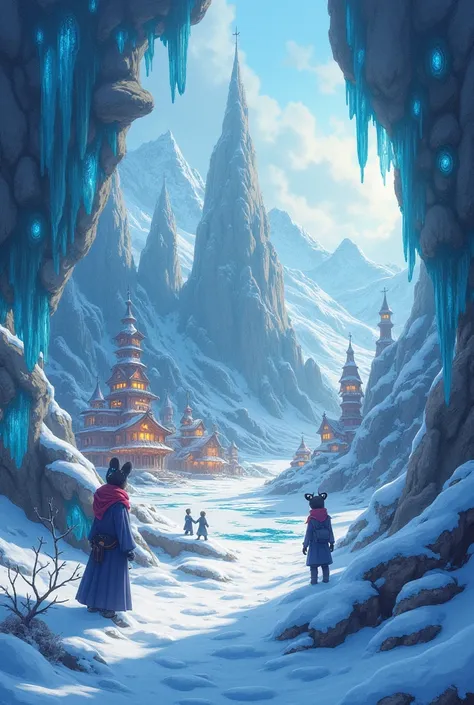 fairy-tale magical fantasy frozen winter valley, ice crystals, lens, magic village, incredible creatures looks at viewer, high resolution details, scenery, ,details in environment, lights and shadows, vibrant colors,watercolor style, dwatercolor,maomi