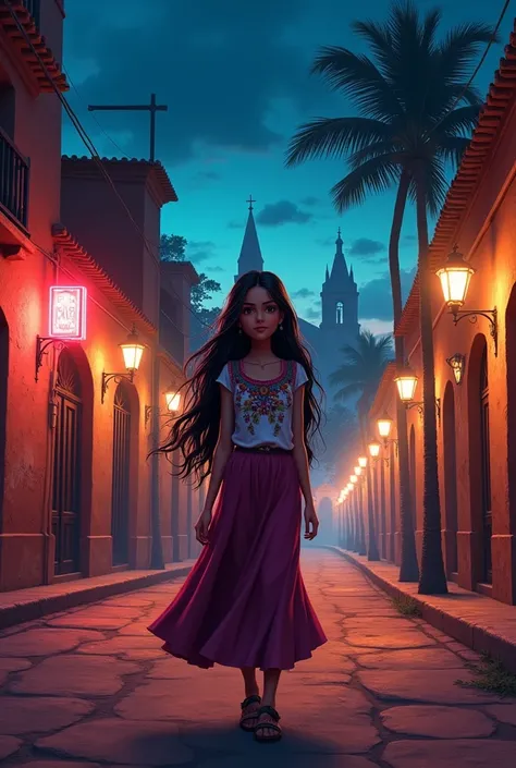 Picture of a Mexican teenage girl walking through the streets at night 