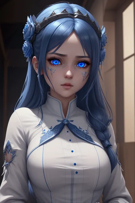 1girl, best quality, unreal engine, 8k, anime style, (beautiful detailed face), (beautiful blue detailed eyes), wearing white torned tunics, covered with blood, holding a dager