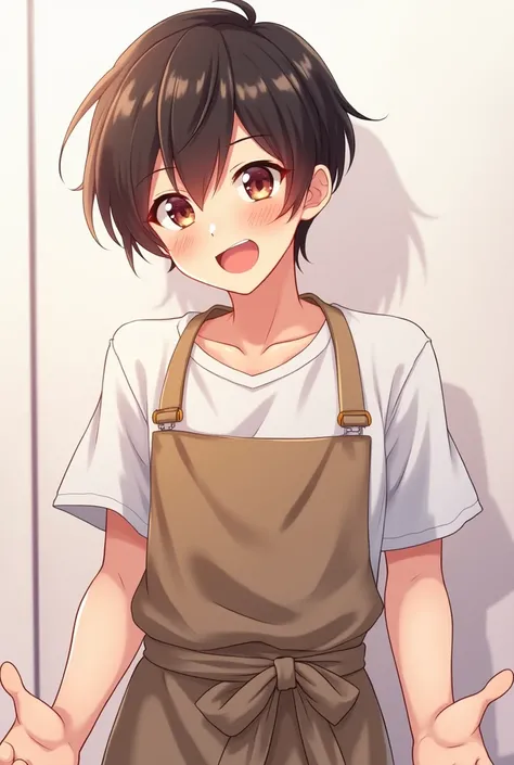 Handsome anime boy with apron talking to the camera, bottomless