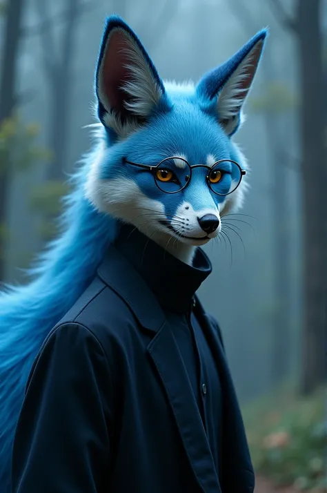 kitsune man, like blue tail and black clothes with round glasses