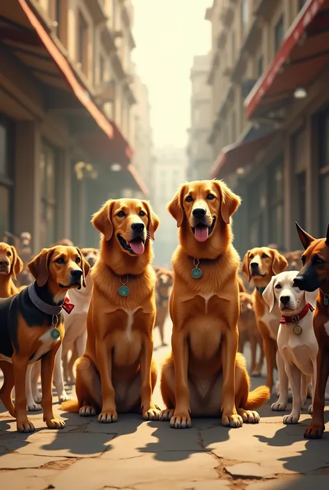 A golden retriever and a beagle surrounded by a group of street dogs
