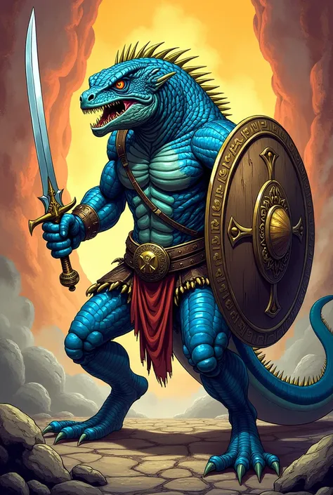 Lizardman warrior,
He has a one-handed sword and a shield,
blue-scaled
Roar,
déformer,comic