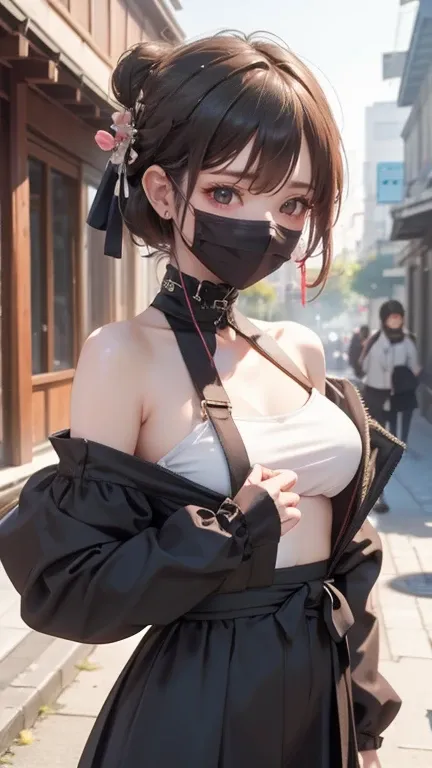 perfect quality, 、8K picture quality、best quality、masterpiece、Detailed image quality，masterpiece, 4K,8K,Ultimate quality, 1 Girl, Solitary, Skinny, slender Body, ((Wear black_mask)),_Hanfu_Set, assassin, Ninja, Lolita Fashion, navel open, Shoulders open, s...