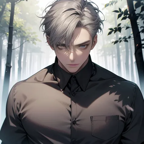 Masterpiece, high quality, best quality, HD, realistic, perfect lighting, detailed body, 1 man, white eyes, short hair, gray Hair, Gray white and black shirt , Forest background.