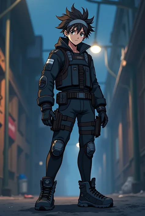 at night, a young mercenary, high, messy hair, wearing a tactical suit with knee pads, Coders, Shin guards and protective plates. He also has a grey ribbon on his forehead.. He is of athletic build. All in anime style