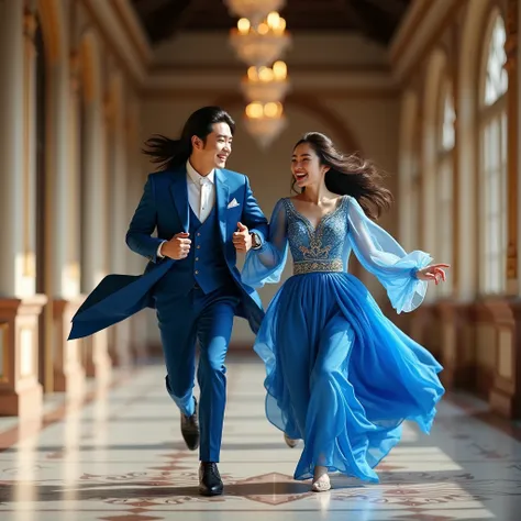 young handsome korean man with his beautiful wife running in the hallway , laughing, blue royal clothes, Long Hair, looking at viewer 