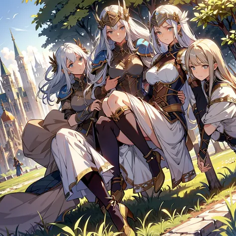 A group of female medieval fantasy adventurers, (in Outdoors), various hair styles, harem, grassland, details face, short skirt, seducing, sleeveless, armor