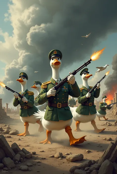 Ducks and geese in military uniforms on the battlefield